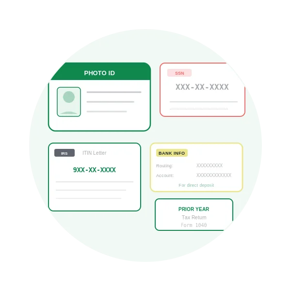 Identificación con foto, tarjeta del Seguro Social, carta de ITIN e información bancaria necesaria para su cita de taxes